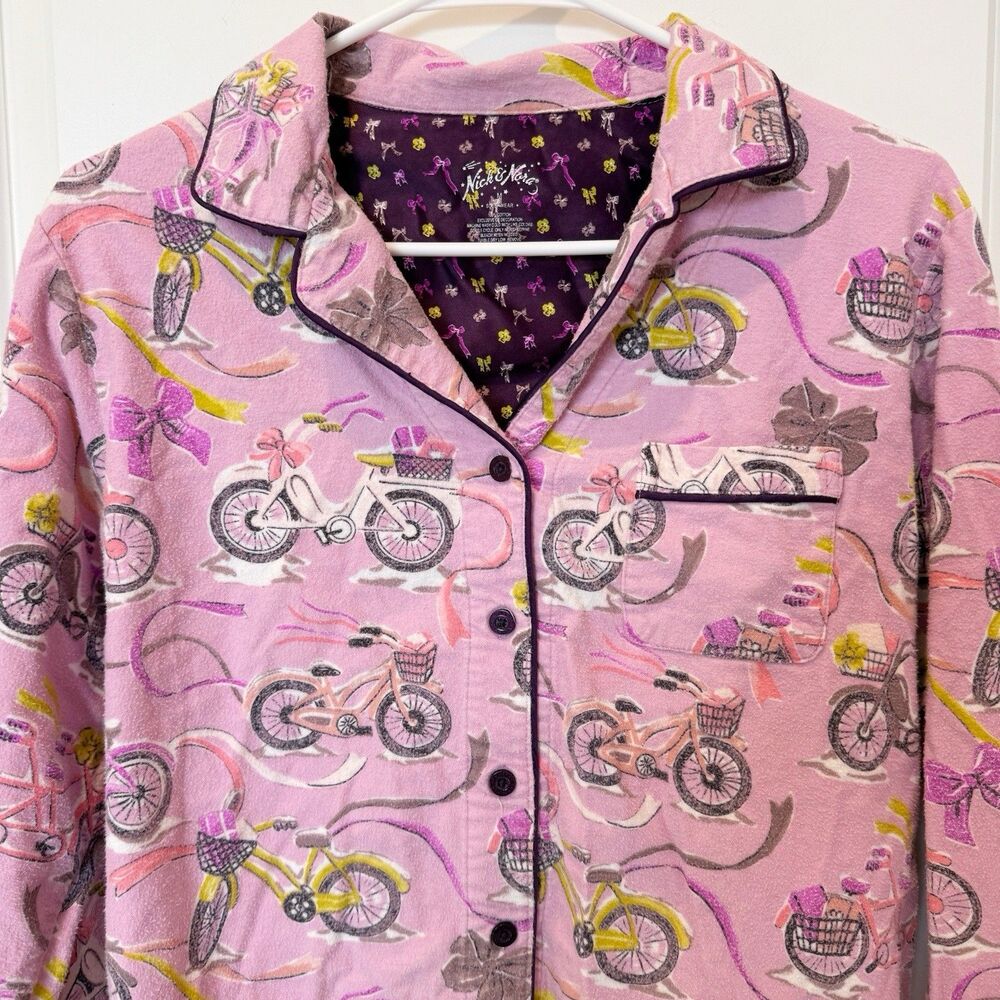 Nick & Nora Pink Bicycle Flannel Pajama Button Top Size Medium Cozy Warm Soft - Picture 2 of 6